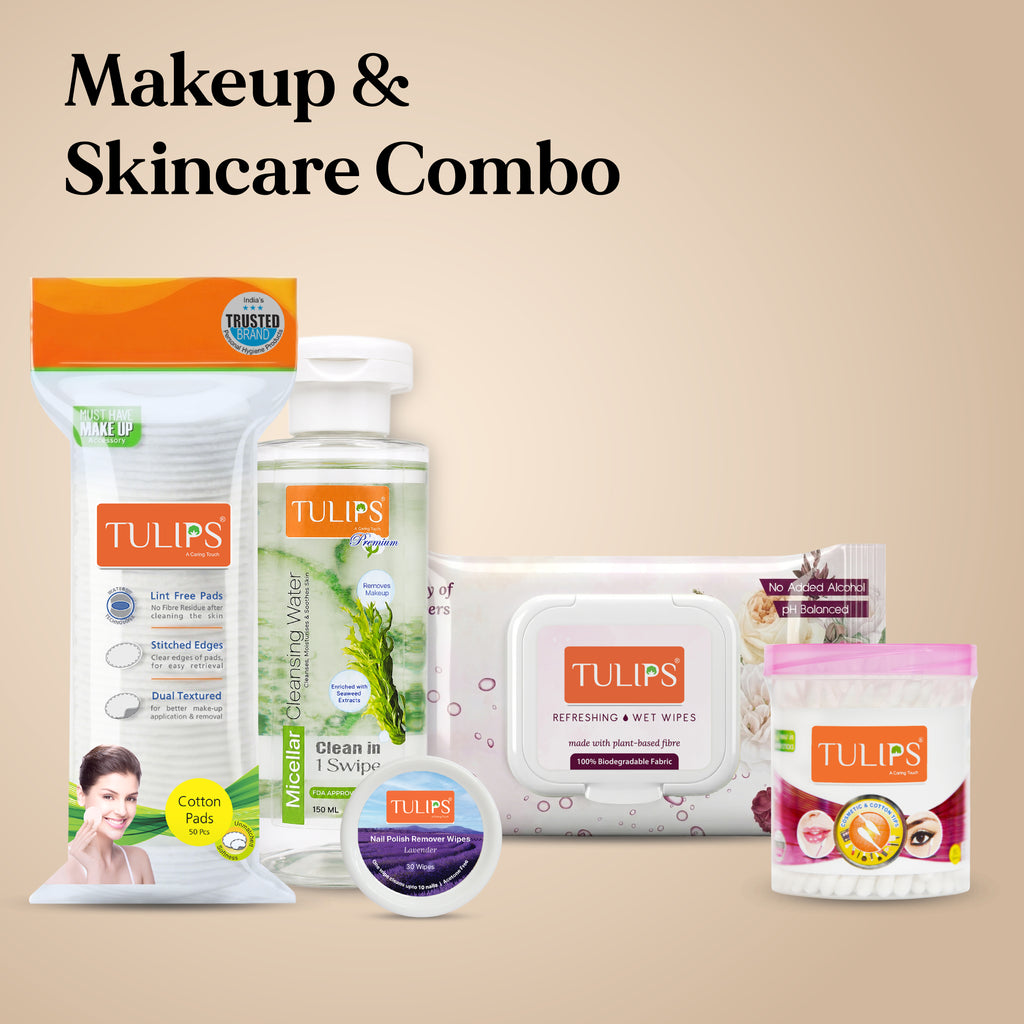 Tulips Makeup & Skincare Routine Kit - Wet Wipes, Micellar Water, Cotton Pads, Nail Polish Remover Wipes & Cotton Swabs