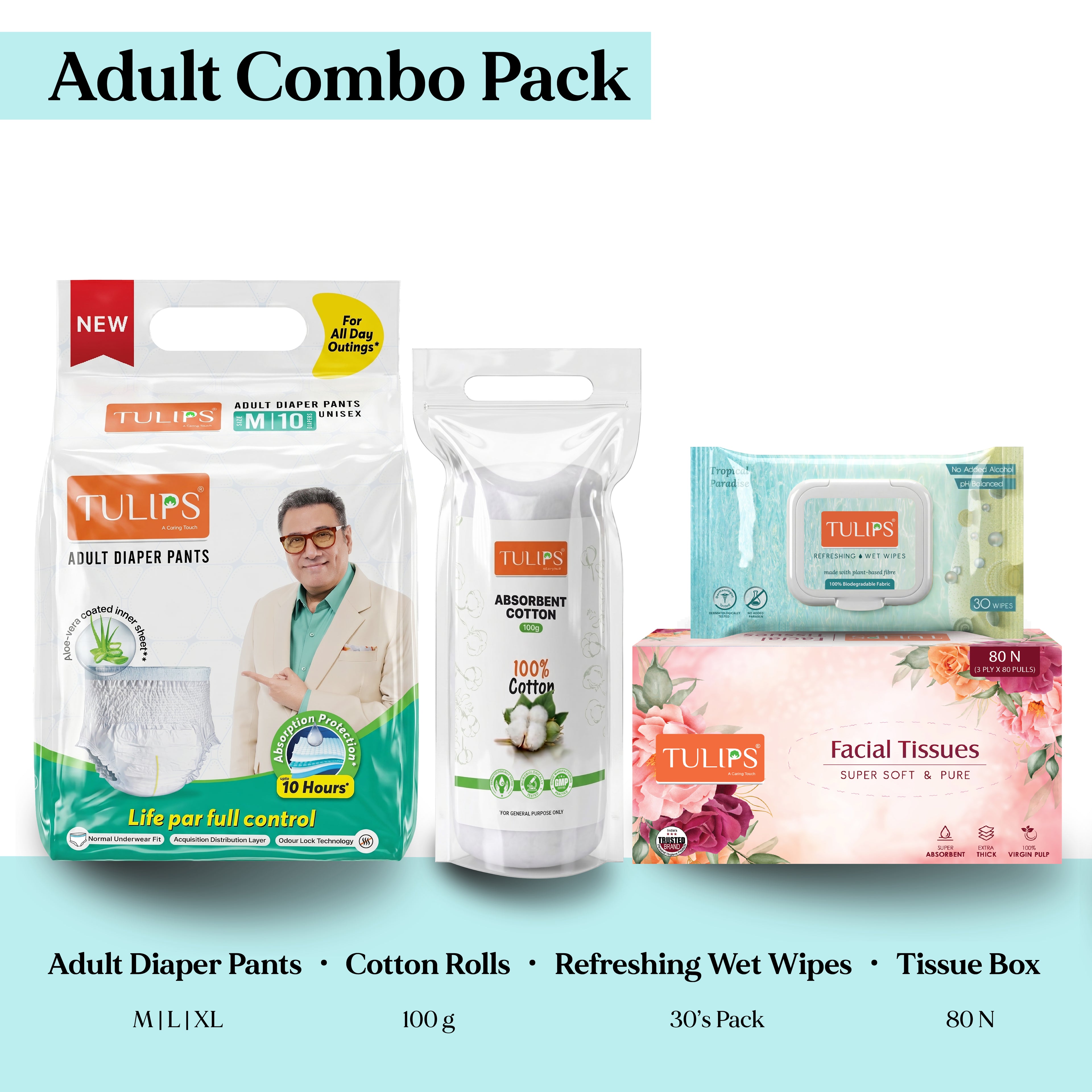 Tulips Adult Care Kit – Diaper, Cotton Roll, Wet Wipes & Tissue Combo