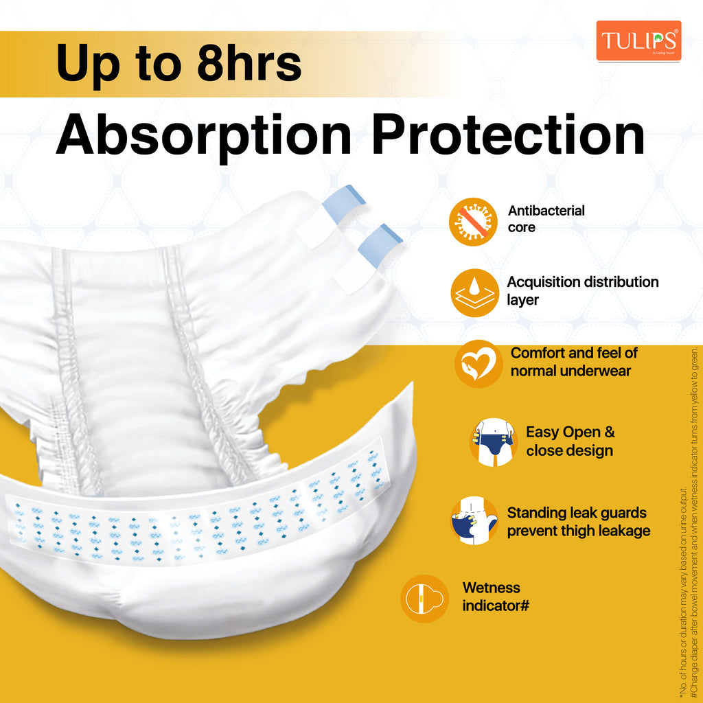 TULIPS Adult Diaper Tape Style- Leak Proof Protection for Bedridden Elders (Medium)