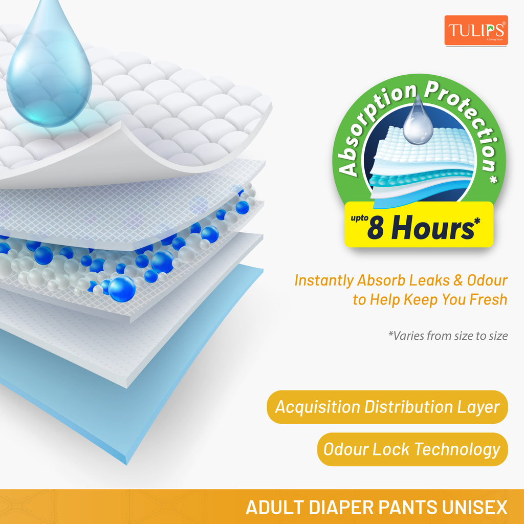 TULIPS Adult Diaper Tape Style- Leak Proof Protection for Bedridden Elders (Medium)