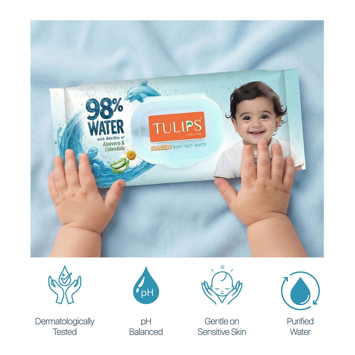 98% Water Sensitive Baby Wet Wipe with Aloe vera & Calendula