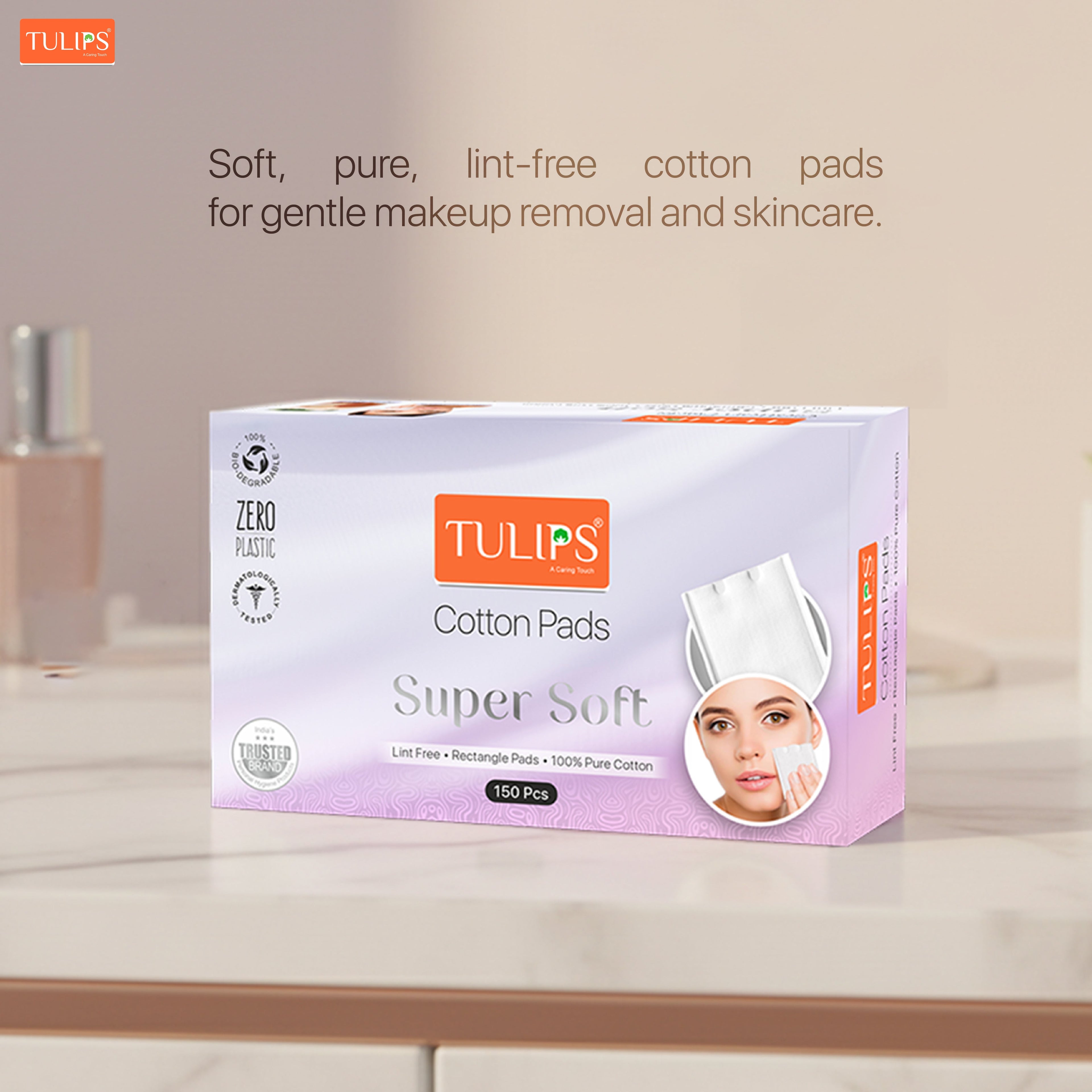 Tulips Rectangle Facial Cotton Pads - 150 Pads Box - 100% Pure Soft Cotton, Lint-Free