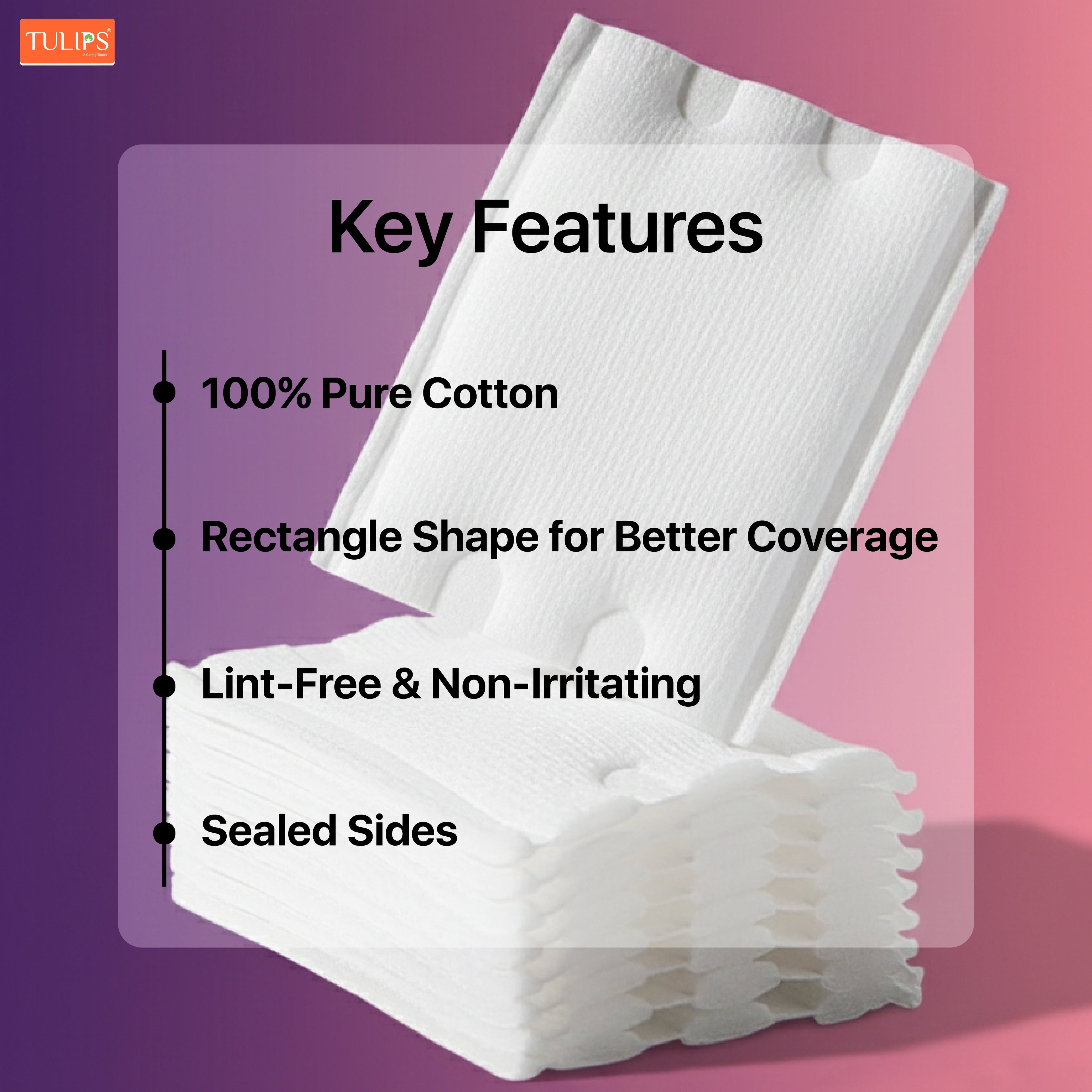 Tulips Rectangle Facial Cotton Pads - 150 Pads Box - 100% Pure Soft Cotton, Lint-Free