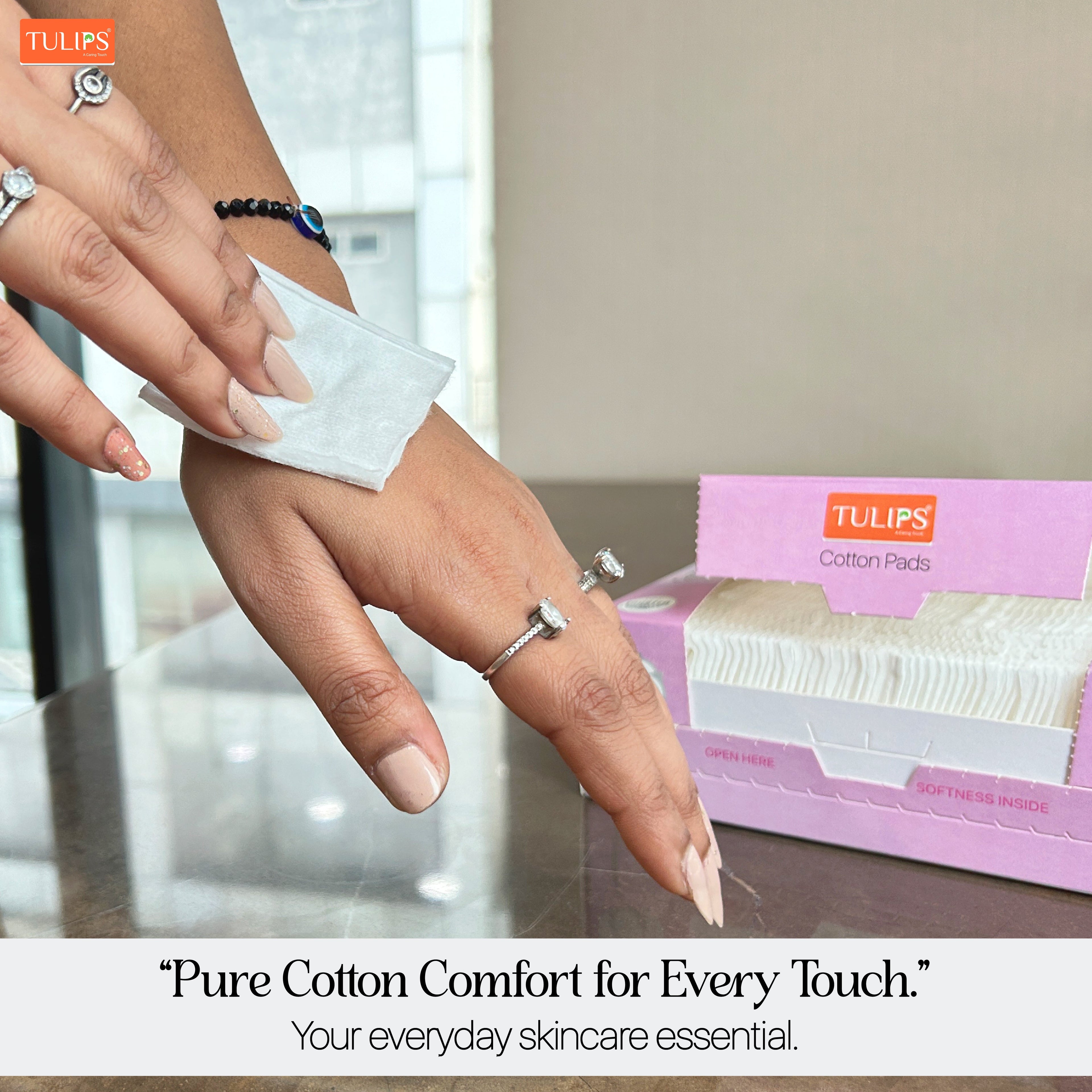 Tulips Rectangle Facial Cotton Pads - 150 Pads Box - 100% Pure Soft Cotton, Lint-Free