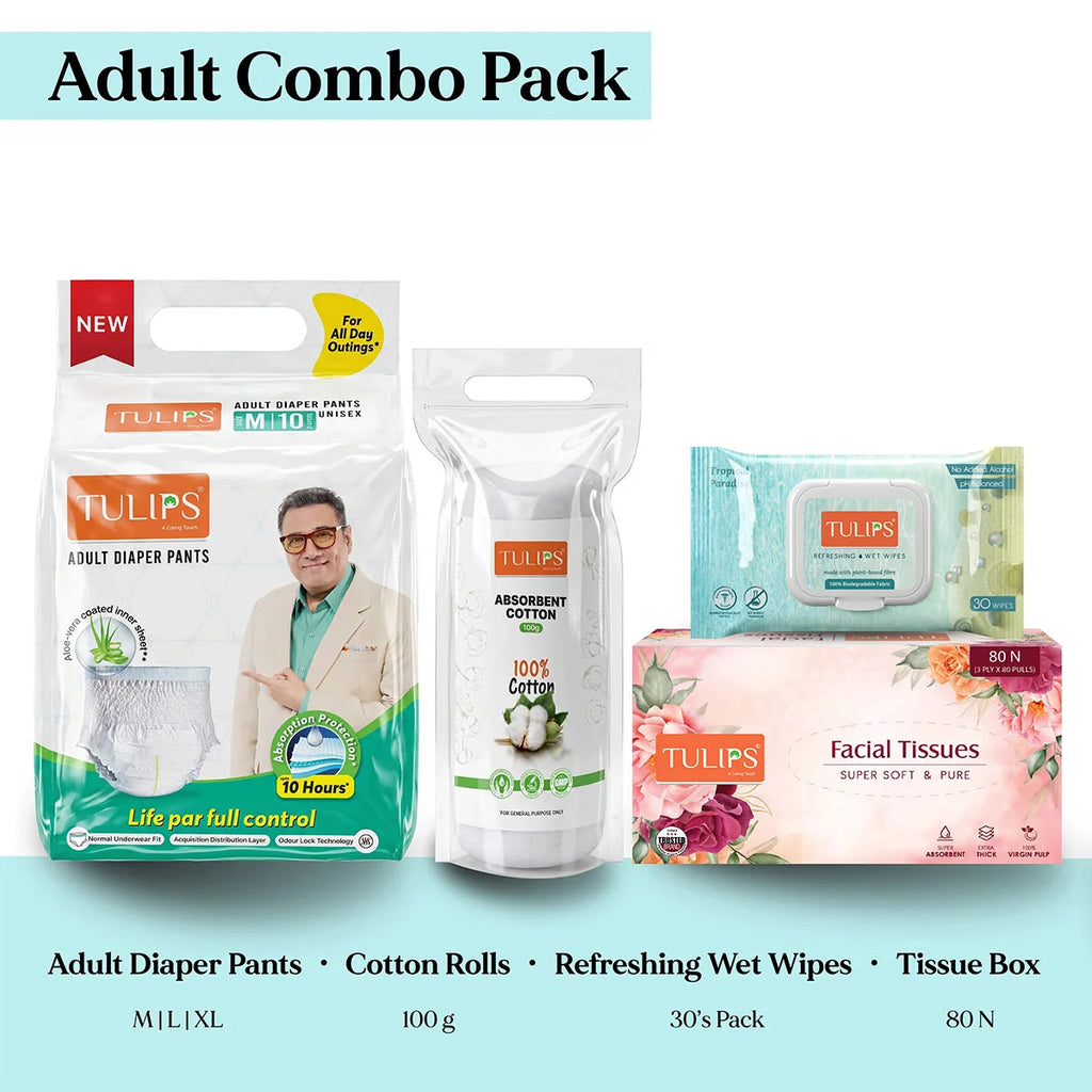 Adult Care Kit - Diaper, Cotton Roll, Wet Wipes & Tissue Combo