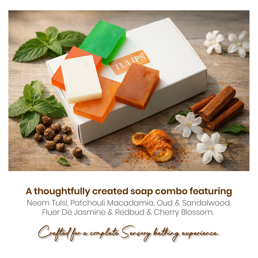 Tulips Premium Handmade Bathing Bar Combo – Neem & Tulsi, Patchouli & Macadamia, Fleur de Jasmine, Spiced Orange & Cedarwood, Oud & Sandalwood | Natural Luxury Soaps | 125g Each