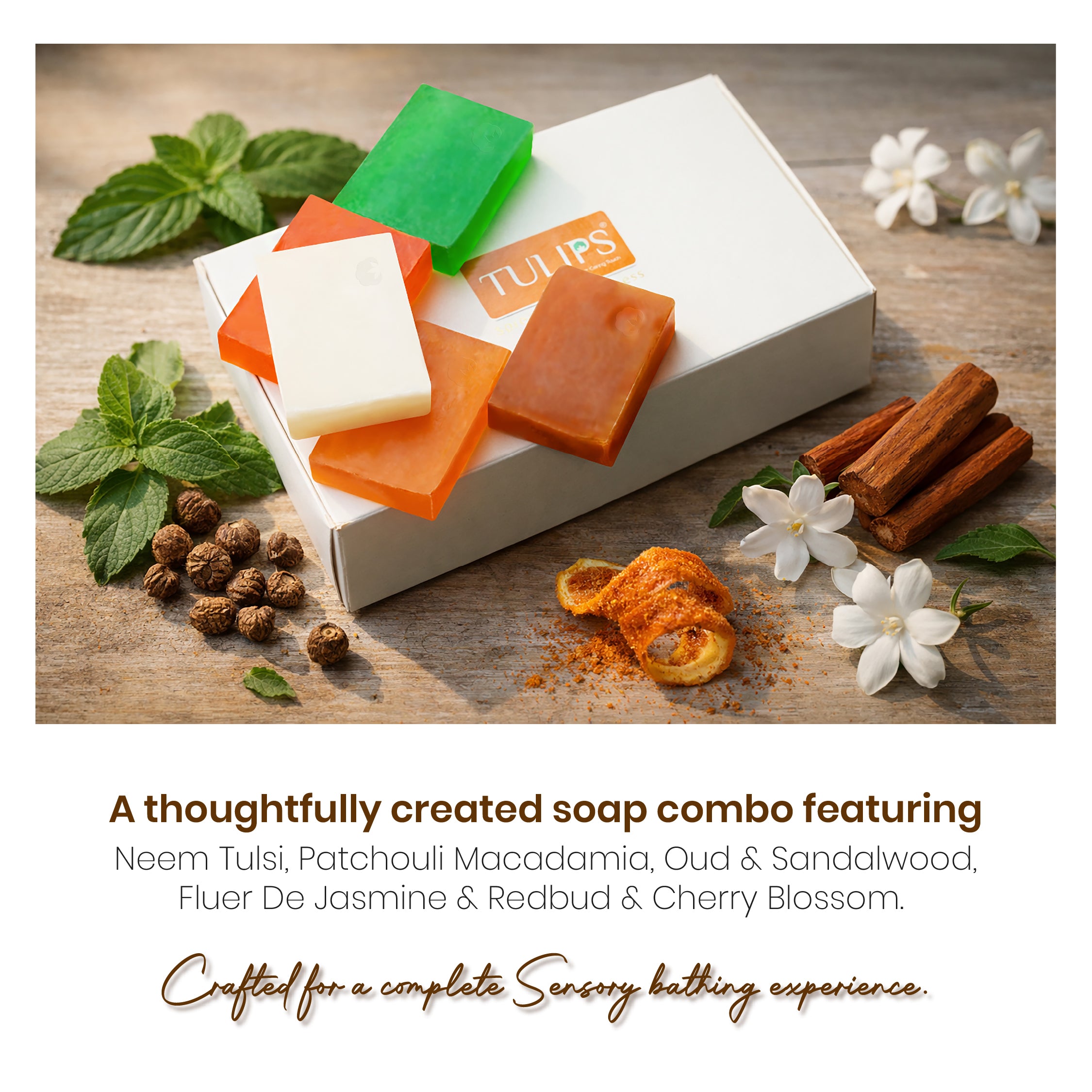 Tulips Premium Handmade Bathing Bar Combo – Neem & Tulsi, Patchouli & Macadamia, Fleur de Jasmine, Spiced Orange & Cedarwood, Oud & Sandalwood | Natural Luxury Soaps | 125g Each