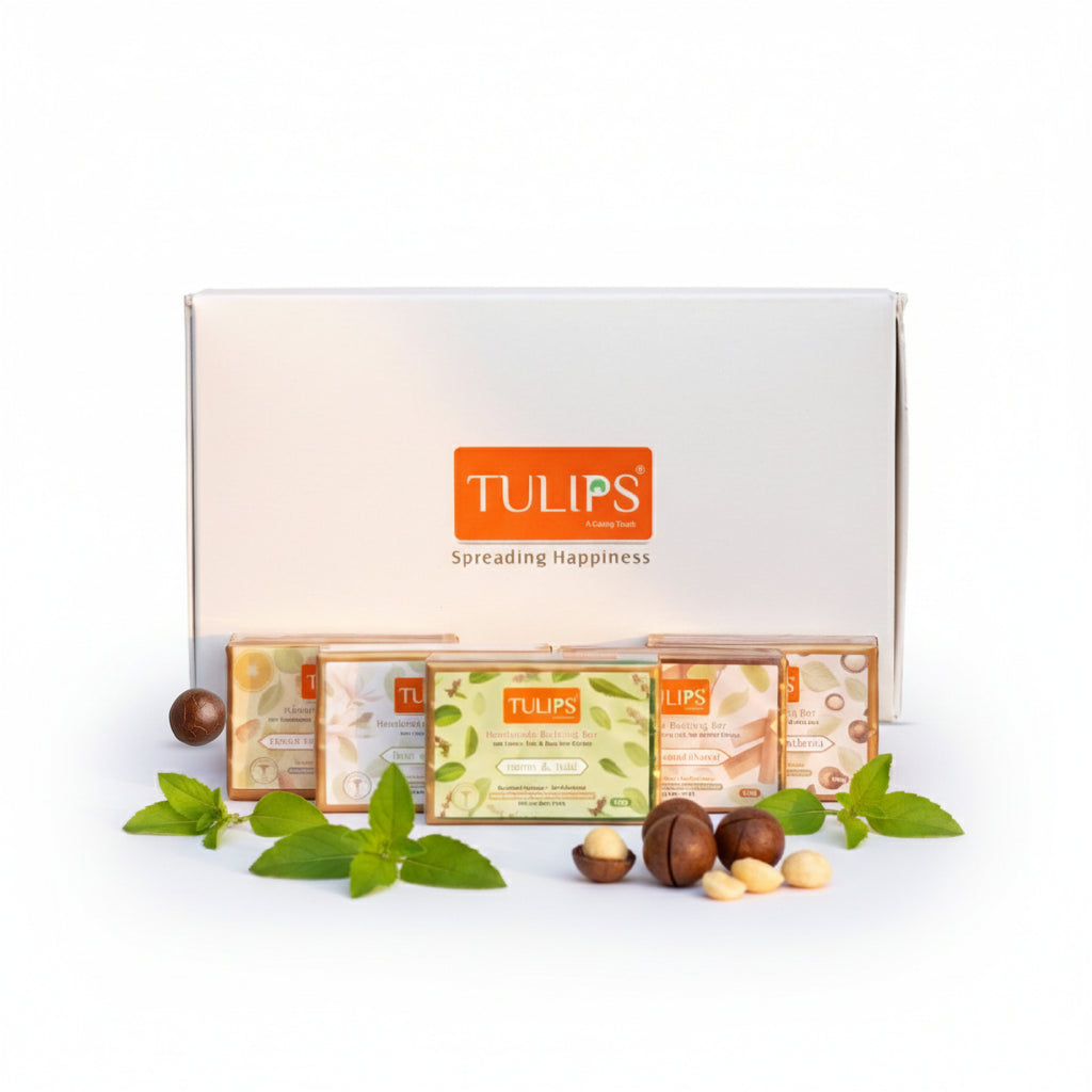 Tulips Premium Handmade Bathing Bar Combo – Neem & Tulsi, Patchouli & Macadamia, Fleur de Jasmine, Spiced Orange & Cedarwood, Oud & Sandalwood | Natural Luxury Soaps | 125g Each