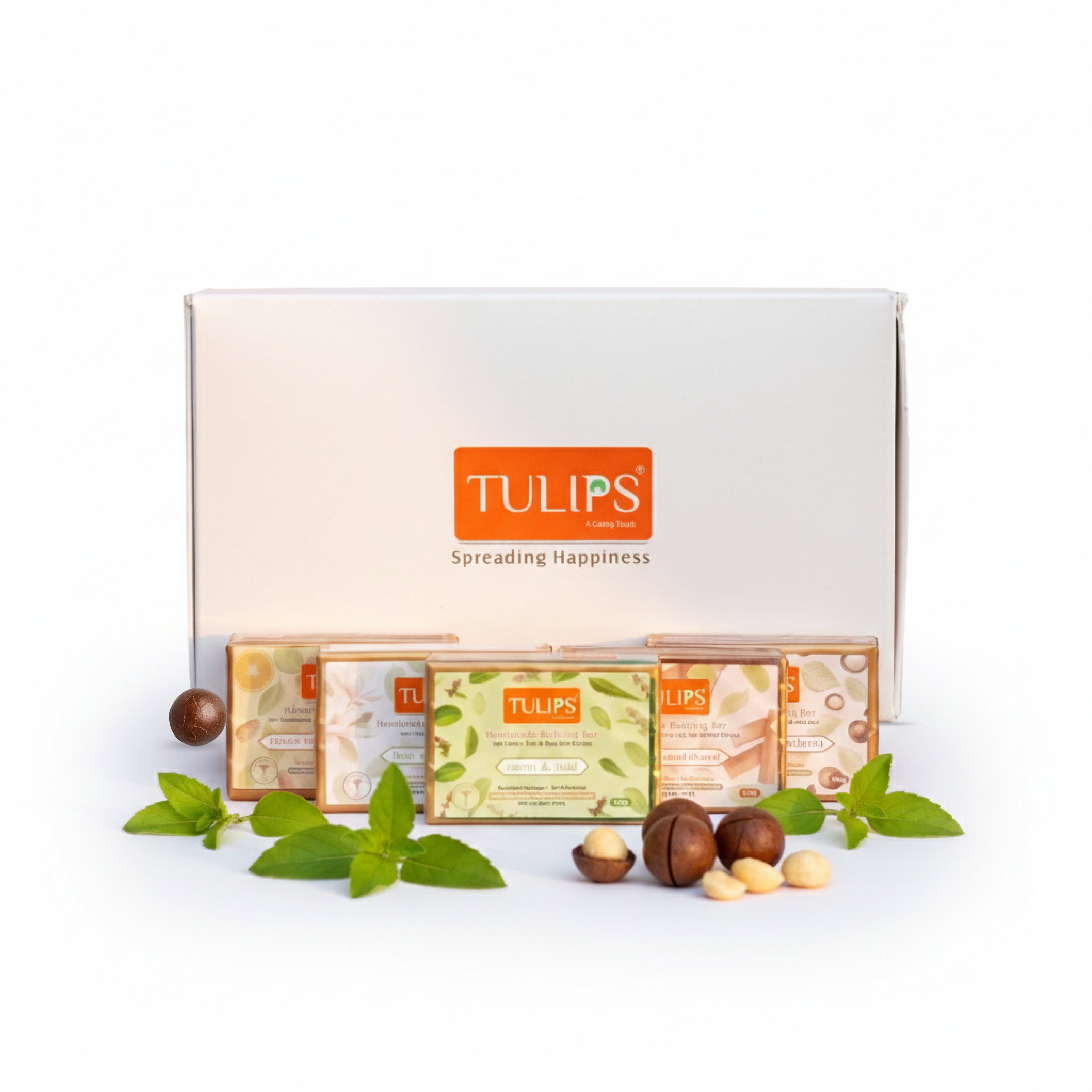 Tulips Premium Handmade Bathing Bar Combo – Neem & Tulsi, Patchouli & Macadamia, Fleur de Jasmine, Spiced Orange & Cedarwood, Oud & Sandalwood | Natural Luxury Soaps | 125g Each