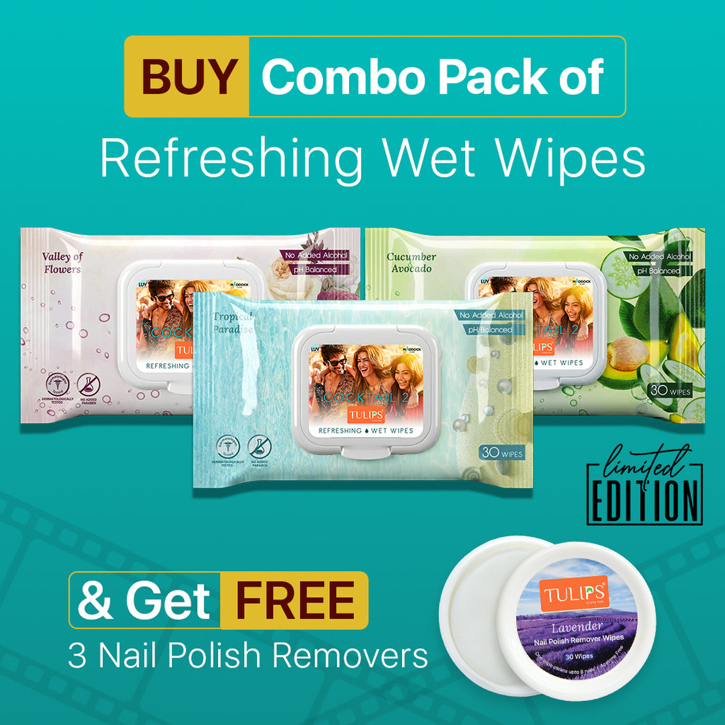 Tulips Refreshing Wet Wipes Combo Pack (3 x 30 Wipes) + FREE Nail Polish Remover Wipes