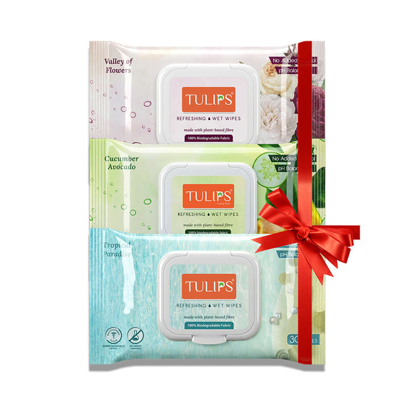 Tulips Refreshing Wet Wipes Combo Pack (3 x 30 Wipes) + FREE Nail Polish Remover Wipes