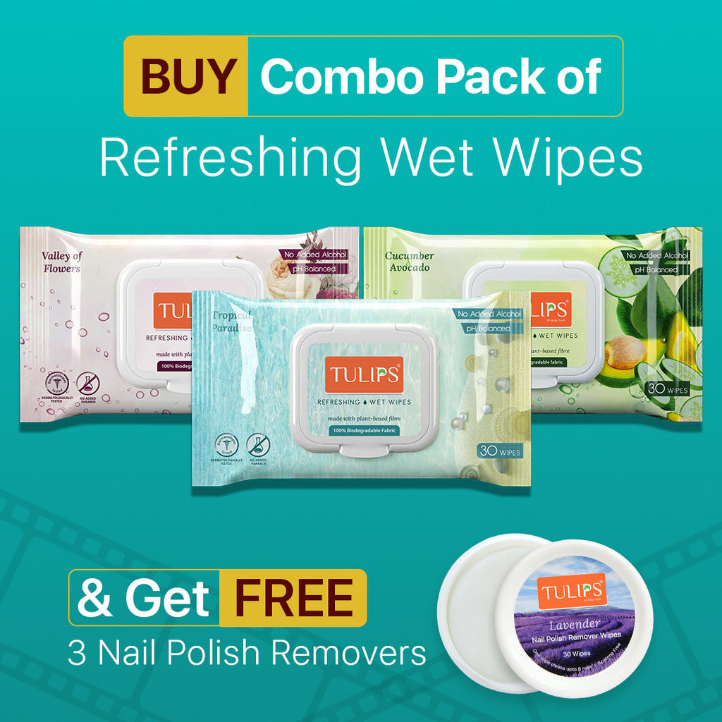 Tulips Refreshing Wet Wipes Combo Pack (3 x 30 Wipes) + FREE Nail Polish Remover Wipes