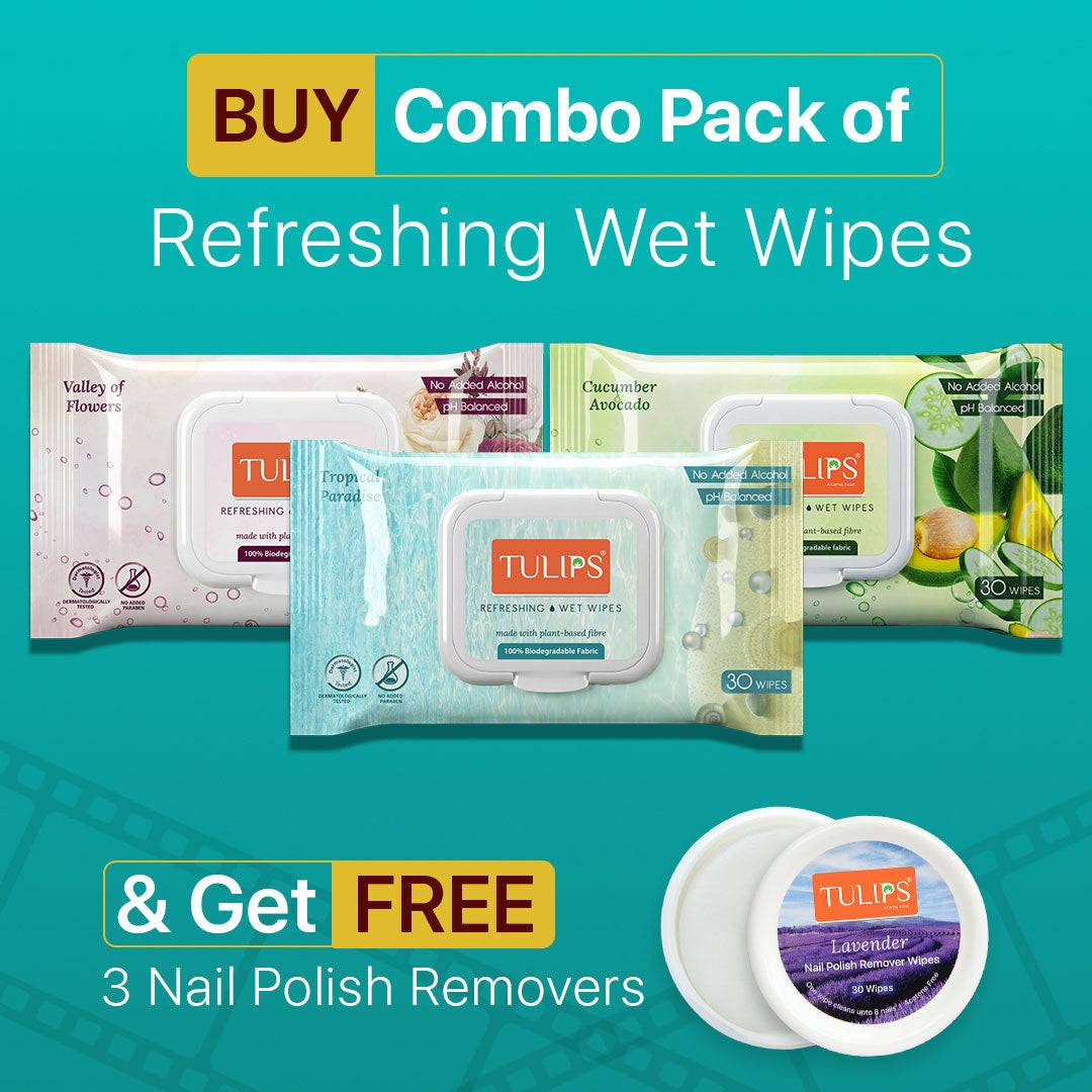 Tulips Refreshing Wet Wipes Combo Pack (3 x 30 Wipes) + FREE Nail Polish Remover Wipes